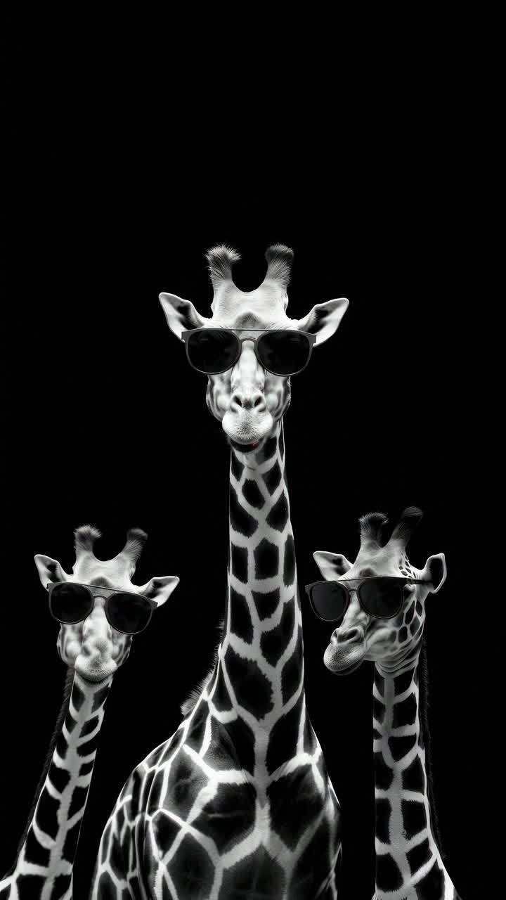 Three giraffes wearing sunglasses pose against a black background. Shot from a low angle, the style