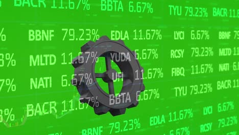 Animation-of-gear-rotating-over-stock-market-data-on-green-background