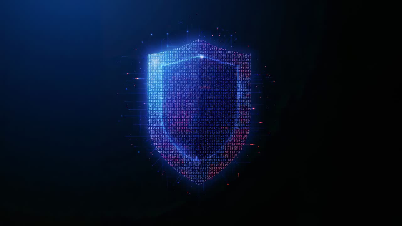 Particles coalescing, holo shield forming in dark space, binary forming, neon red sparks securing