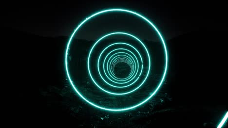 neon circles tunnel rain. futuristic landscape 4k