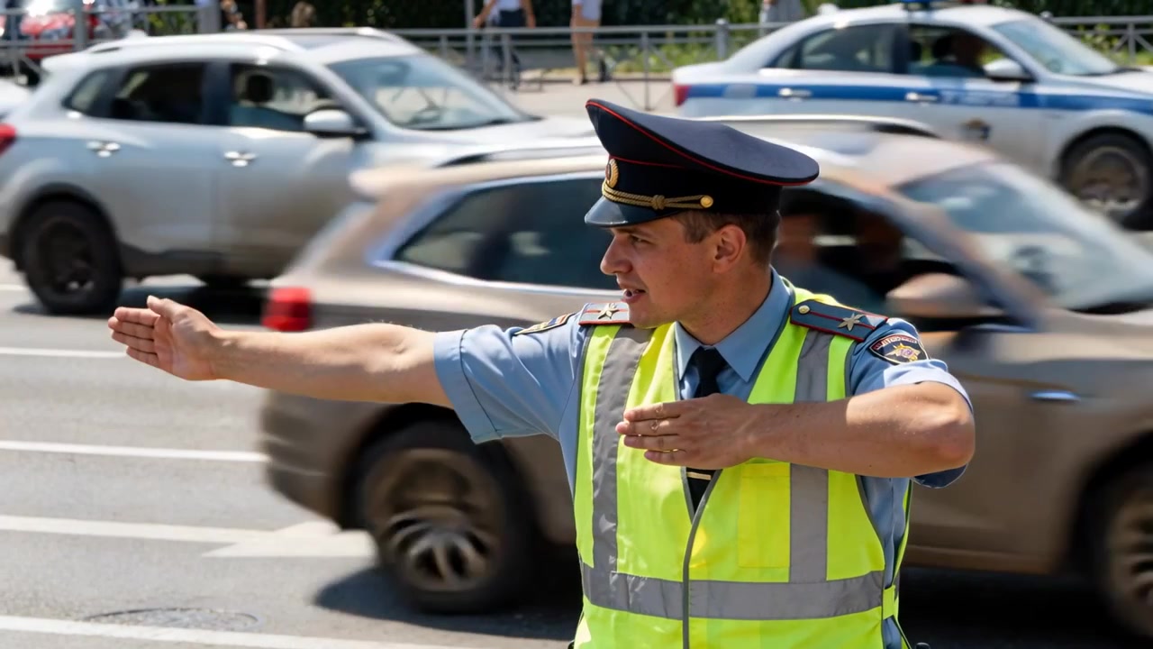 Policial de trânsito uniformizado com colete direcionando, ajustando sinais manuais aos intervalos, guiando carros em uma rua da cidade.