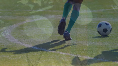 animation of statistical data processing over low section of male soccer players playing soccer