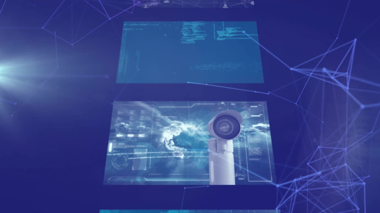 animación de conexiones y procesamiento de datos digitales a través de pantallas