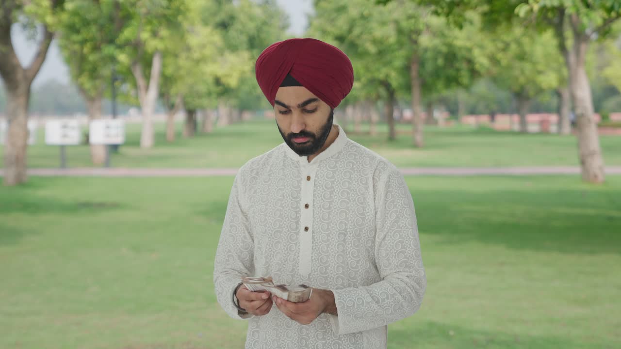 sad sikh hombre indio contando dinero en el parque