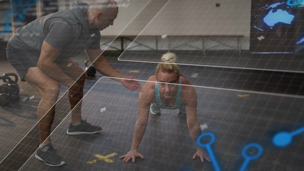Male trainer placing cue, female trainee pushing into plank for gym form, HUD aligning