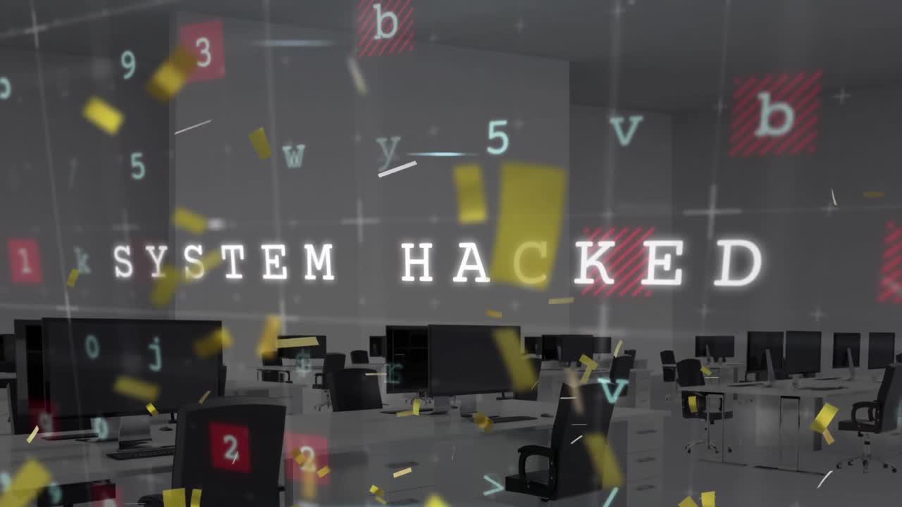 Animation of golden confetti falling over cyber security data processing against empty office