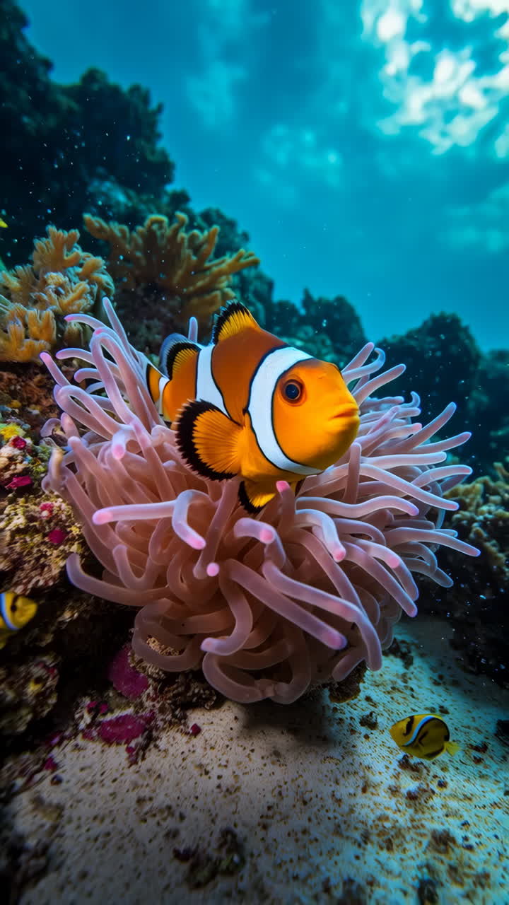 Pesce pagliaccio vivace in un anemone rosa su una barriera corallina