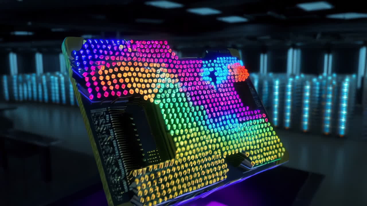 High-Tech Data Center with Illuminated Circuit Board