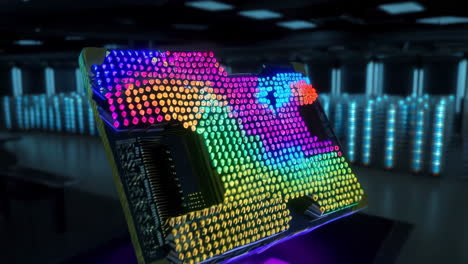 high-tech data center with illuminated circuit board
