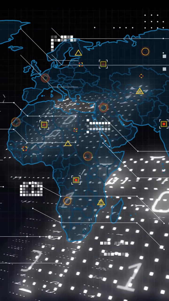 Binary code overlaying continents in animation of world map with digital data