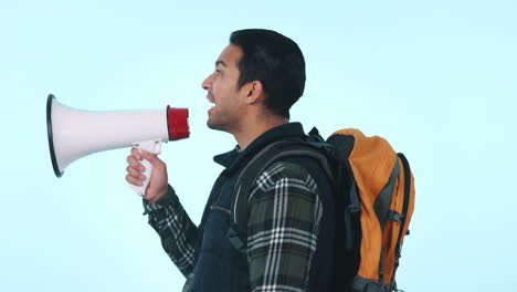 man, megaphone and shouting with backpack