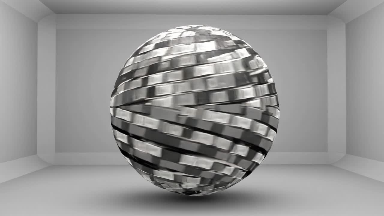 Inizio della riproduzione di una sfera a mosaico metallico che ruota e ondeggia con riflessi cangianti per mostrare il motivo delle tessere.