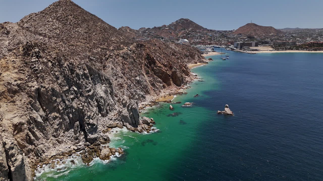 Aerial View of Cabo San Lucas Coastline, Harbor and Buildings. Baja California, Mexico