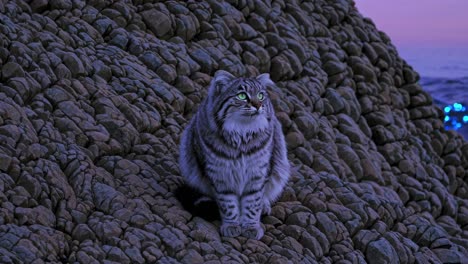 wild cat on rocky coast at sunset