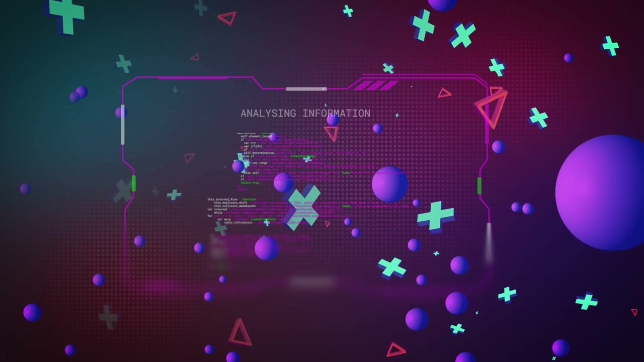 Camera panning starting neon HUD, purple orbs drifting and cyan pluses moving, showing analysis