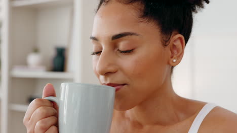 Black-happy-woman,-coffee-and-home-morning-routine