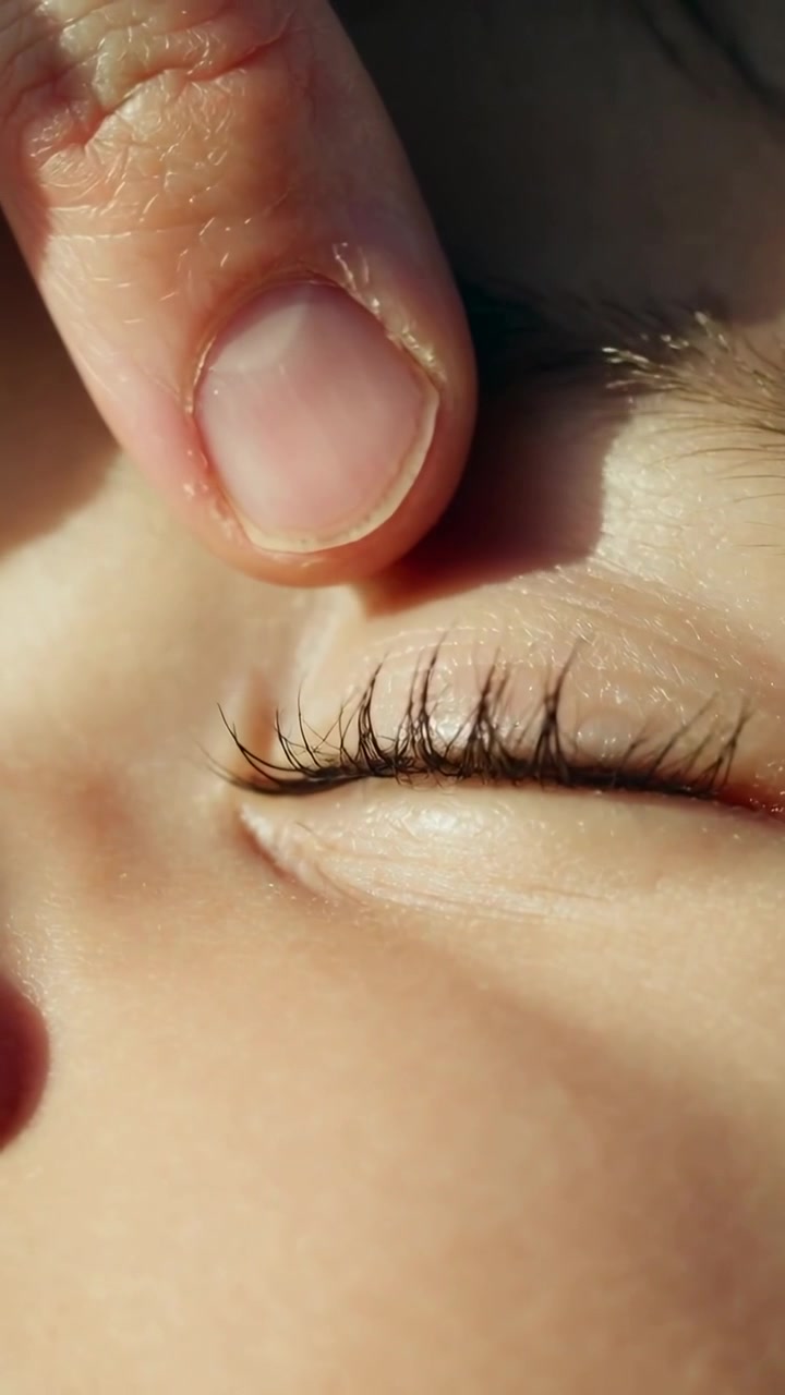 Vertical video: Touching kid's closed eye, adult fingertip lifting, sliding in bed checking lashes