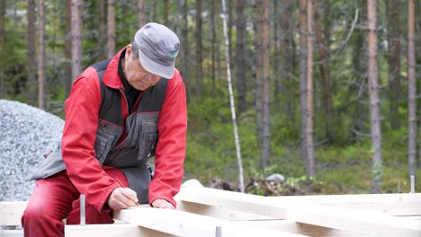 carpenter writing down notes and planning measures on wood outdoors, ready for color grading