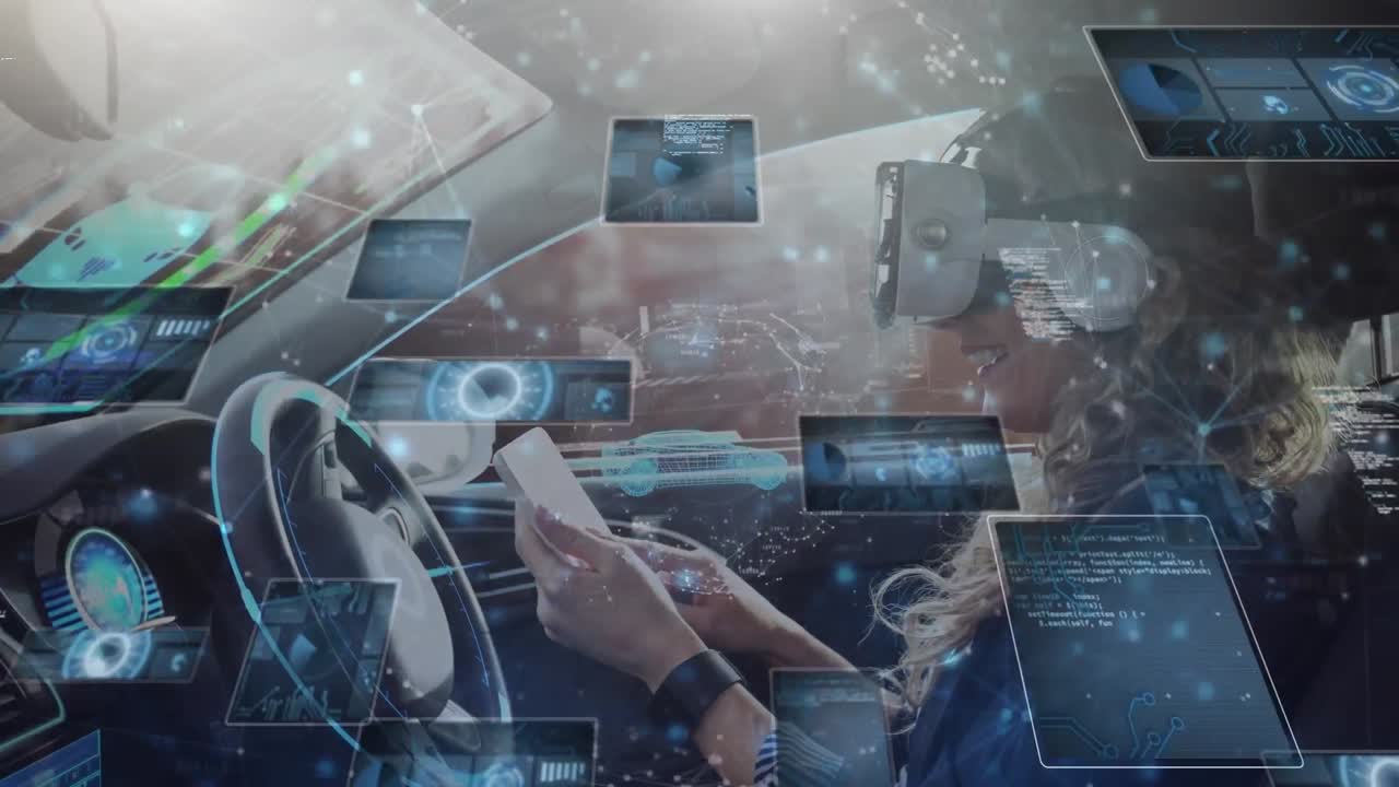 차에 타고 있는 백인 여성에 대한 금융 데이터 처리 애니메이션