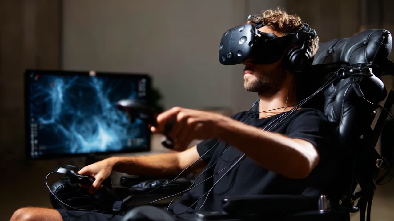 A dedicated gamer fully immersed in a virtual reality experience, using advanced VR technology with a headset, controllers, and a comfortable gaming chair in a modern setup