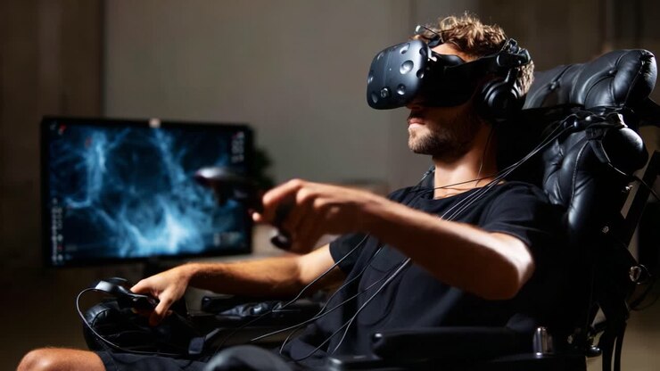 Un appassionato gamer completamente immerso in un'esperienza di realtà virtuale, che utilizza una tecnologia VR avanzata con cuffie, controller e una comoda sedia da gaming in una configurazione moderna