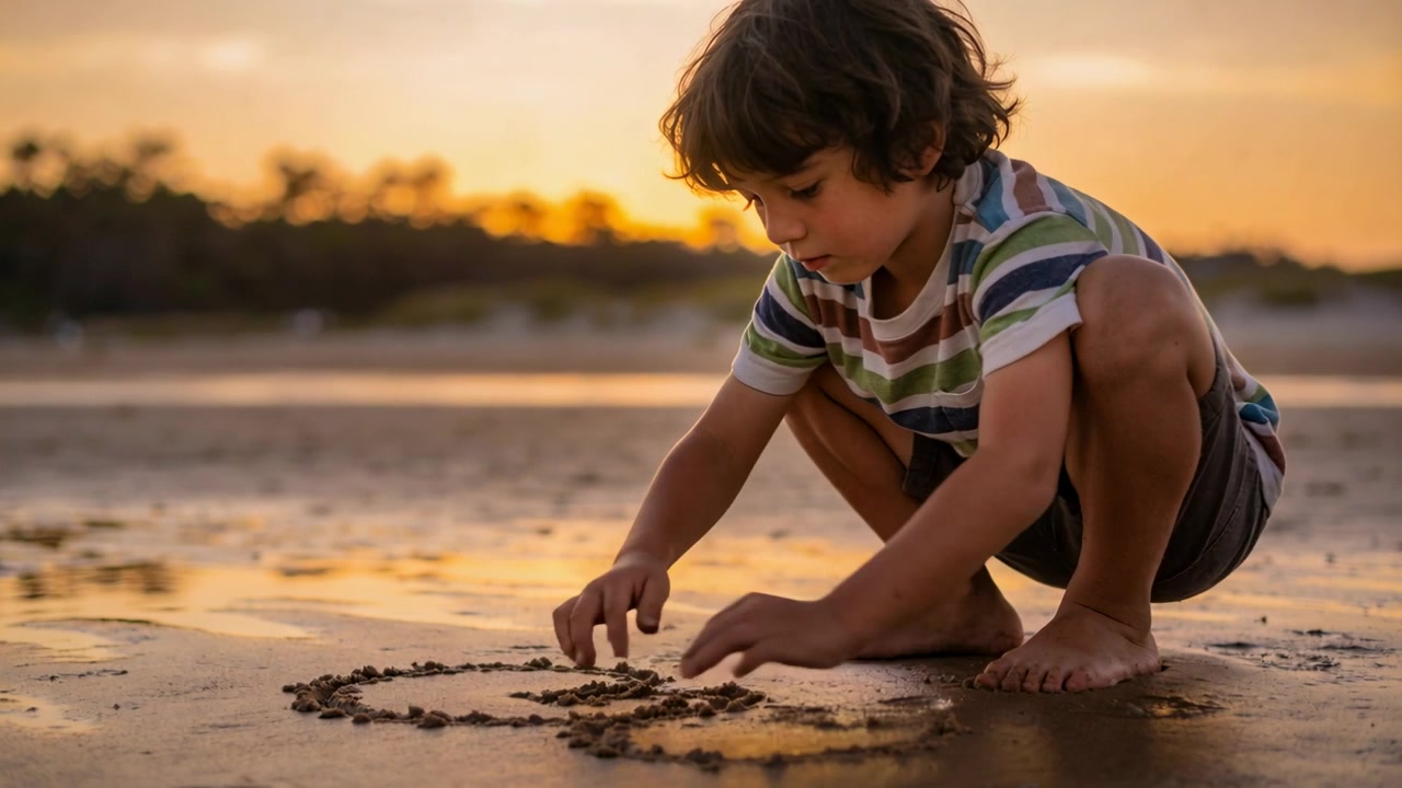 Criança agachada colocando e moldando um anel de areia molhada na orla ao pôr do sol, com camiseta listrada e pés.