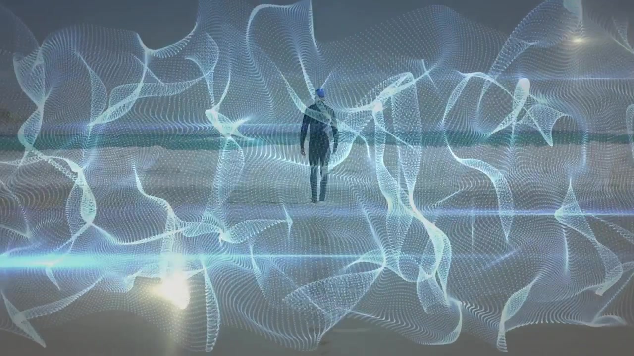 Man appearing on horizon and walking forward through technology showcase with holographic waveforms
