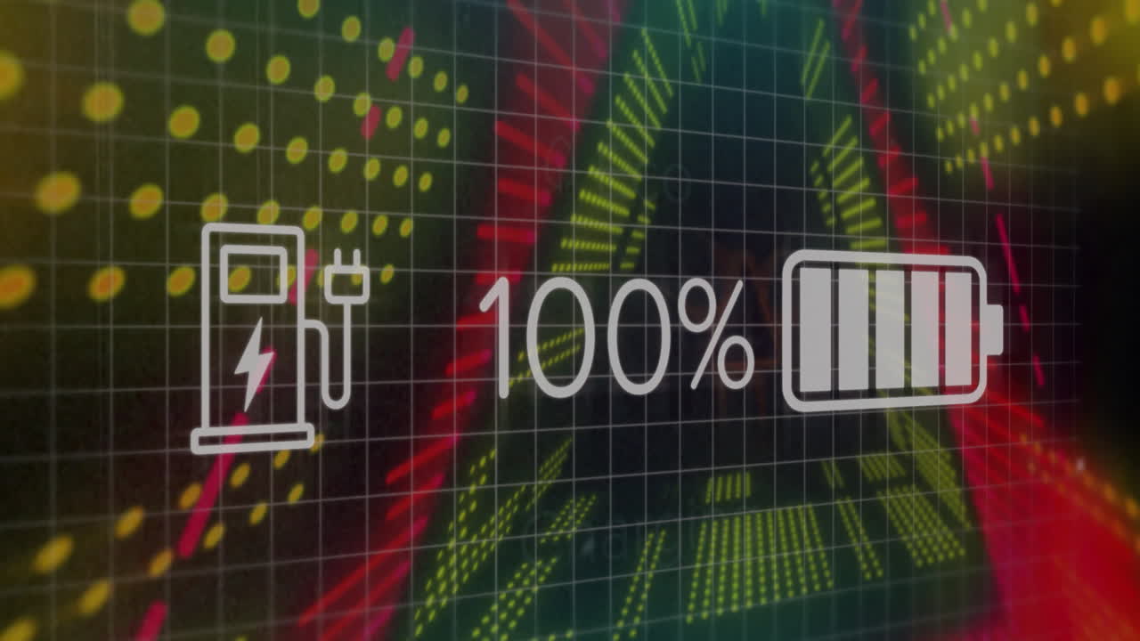Charging animation of eco-friendly battery at 100% on colorful digital background