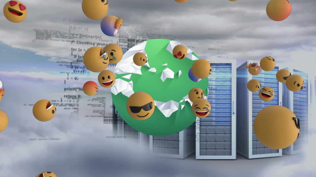 múltiples emojis de cara flotando sobre el globo giratorio y servidores de computadora contra nubes en el cielo
