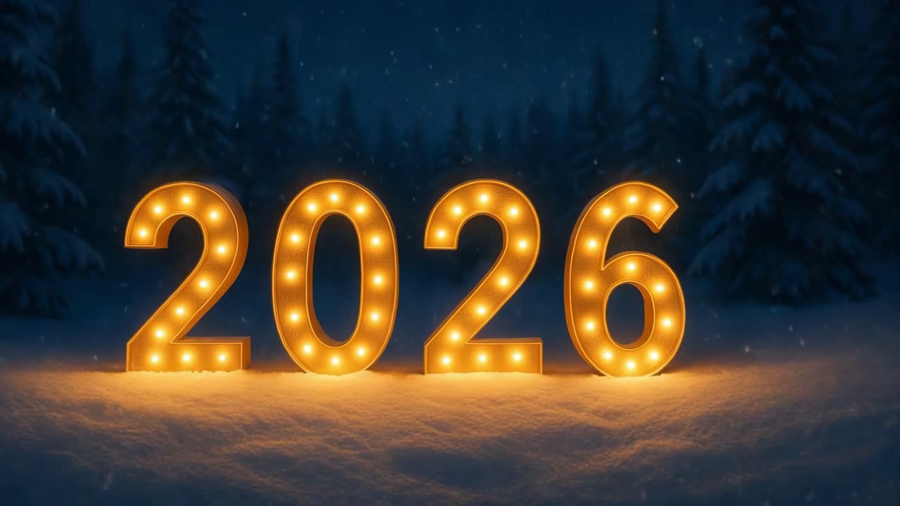 Numeri illuminati 2026 che risplendono caldamente in un paesaggio innevato, creando un'atmosfera festosa