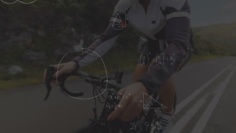 animación de ecuaciones matemáticas sobre una mujer caucásica montando en bicicleta