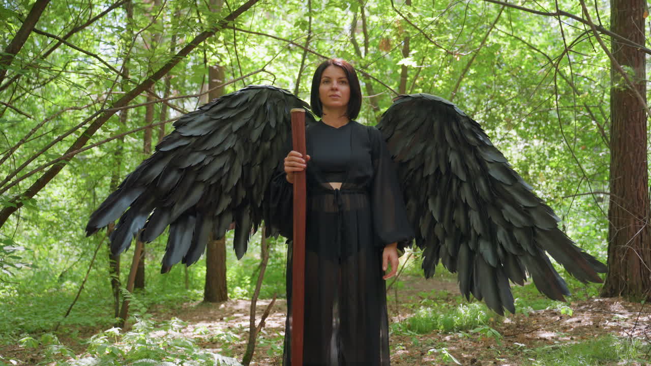 Black fairy stumps staff to ground with unhappy expression under shining sunlight, surrounded by glowing green forest atmosphere, symbolizing emotion, strength, and dark magical beauty