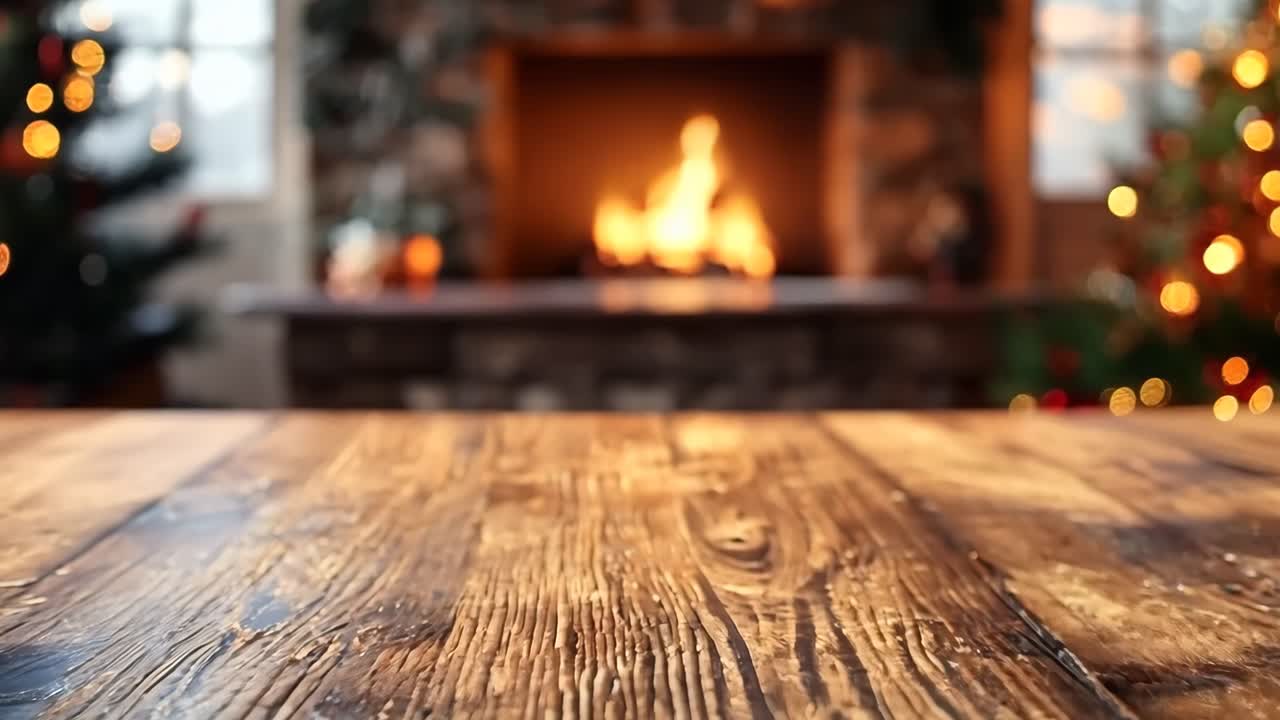 A fireplace with a fire burning in it. The fire is surrounded by a mantle and a stone hearth. The room is decorated with Christmas trees and lights