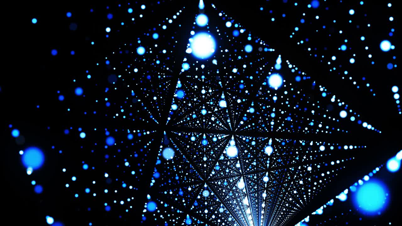 추상적인 3d 루프 배경은 빛나는 입자가 3d 공간에서 줄지어 서 있습니다. 파란 입자와 부드러운 애니메이션 카메라와 함께 축제 vj 루프.