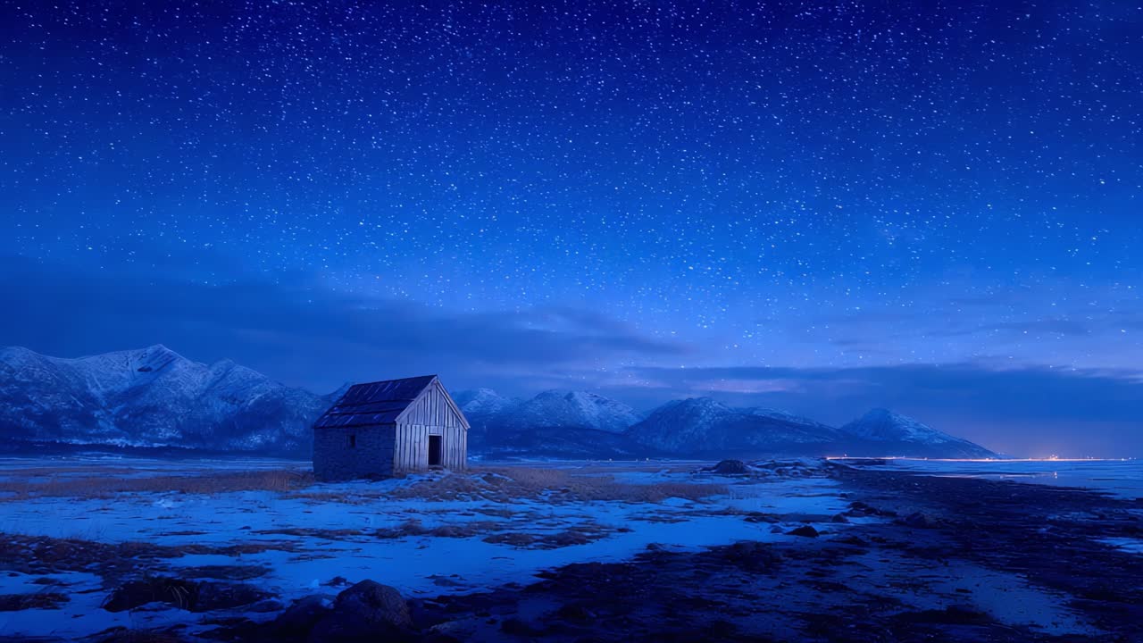 A Serene Nightscape of a Rustic Cabin Beneath a Starry Sky, Surrounded by Majestic Mountains and a Calm Frozen Landscape Glimmering in Moonlight