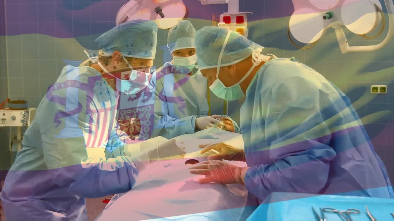 수술실에서 외과 의사 들 위 에 스페인 국기 가 흔들리는 애니메이션