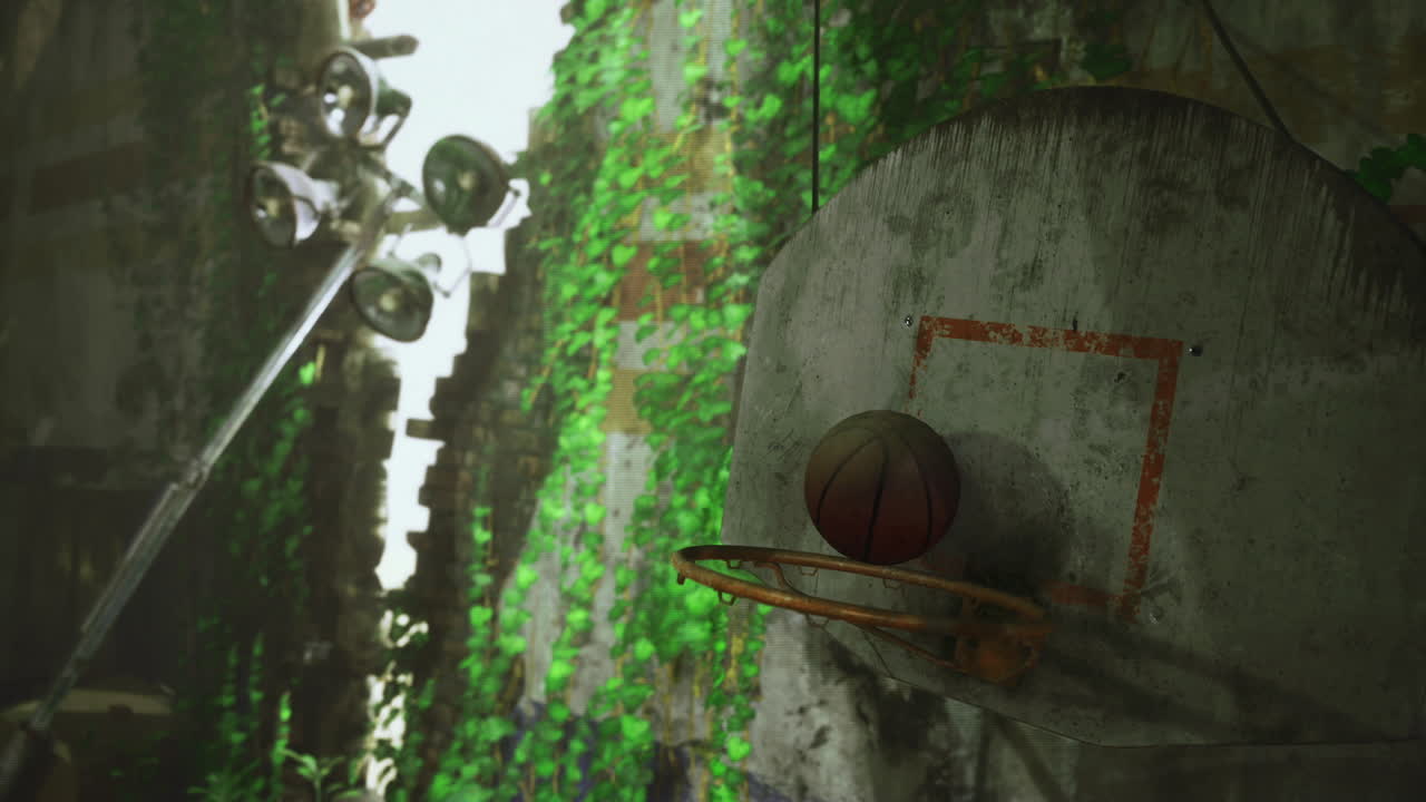 Old basketball framework surrounded by creeping vines and peeling paint
