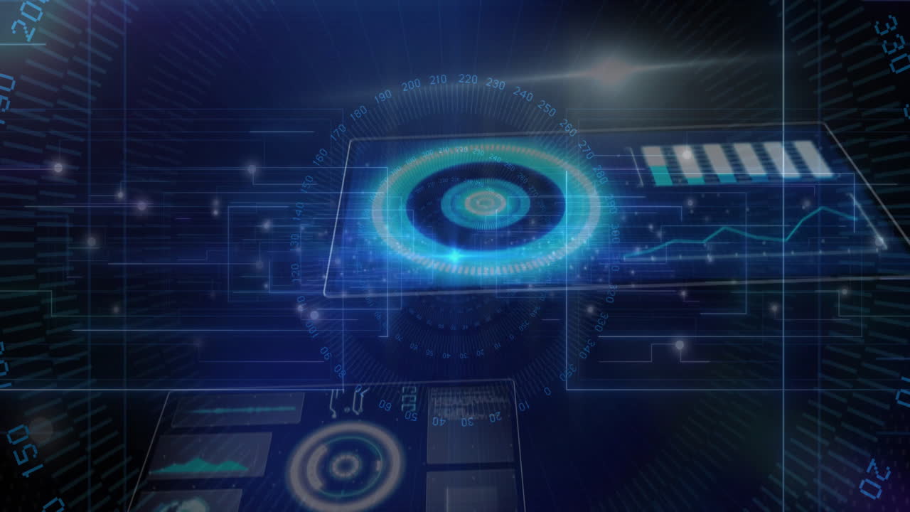 Futuristic digital interface being animated in dark scene, showing glowing gauge and data panels