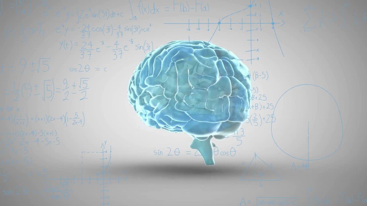 Animation of transparent brain over geometric diagrams and mathematical equations
