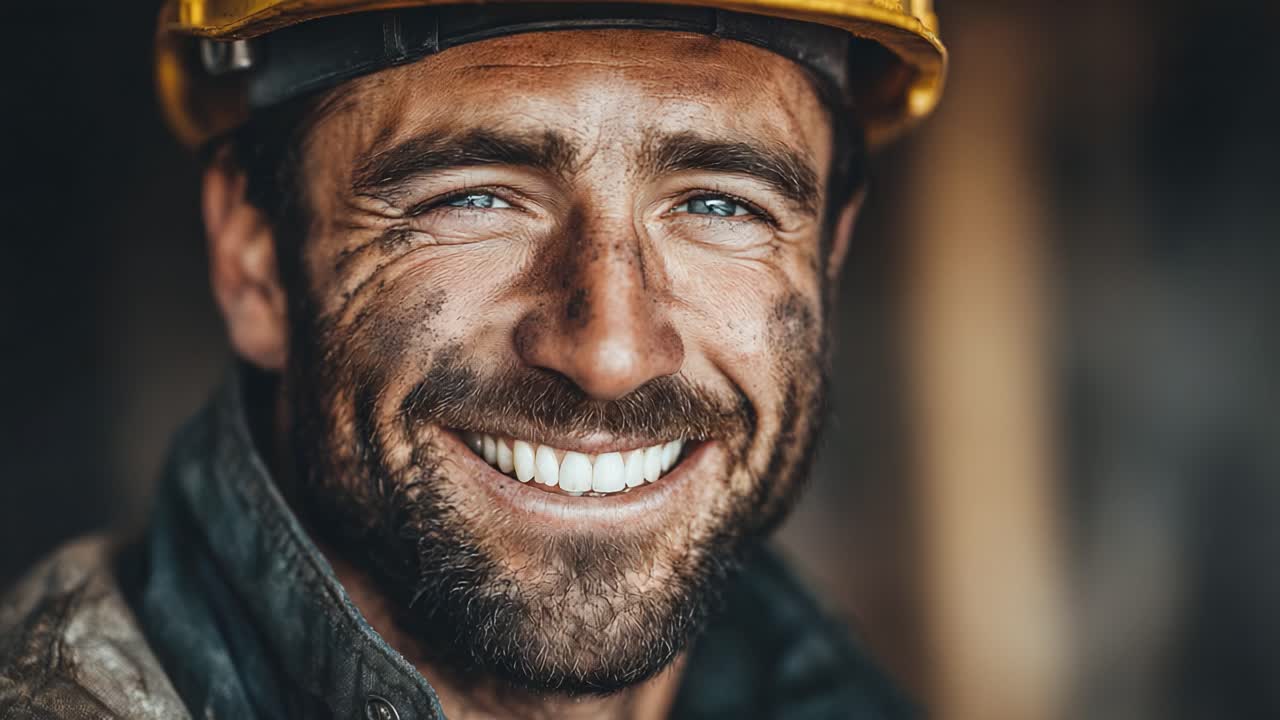 A Happy Worker: A Portrait of a Smiling Construction Laborer with a Yellow Hard Hat and a Grinning Expression, Showcasing a Moment of Pride and Accomplishment in a Challenging Environment