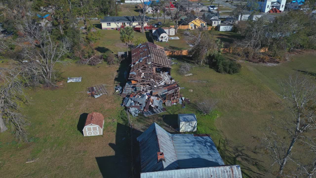 Built Structure Damaged By Hurricane In Georgia, USA. Storm Aftermath. aerial shot