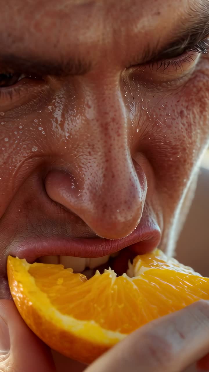 Vertical video: Heat driving adult male biting and chewing orange slice in sun, juice dripping