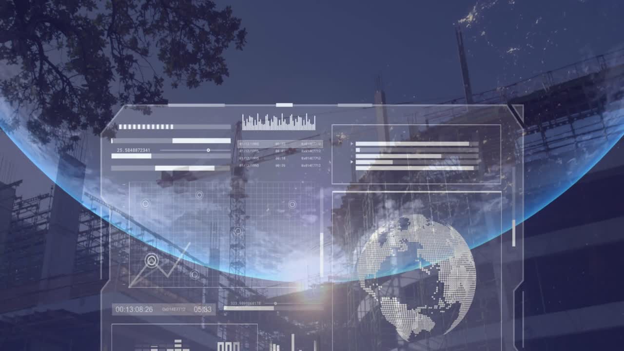 Construction site with crane against sky, with data processing globe in foreground