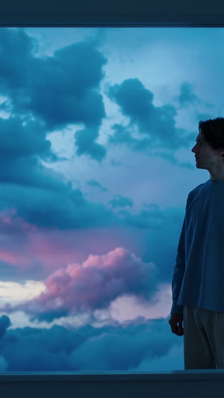 Video vertical: Hombre de pie observando el cielo al amanecer desde un balcón, con camiseta gris y pantalones claros, con espacio para texto.