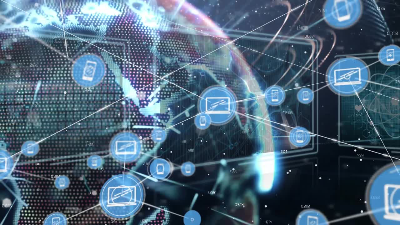 animación de la red de conexiones con iconos y globos sobre pantallas digitales.