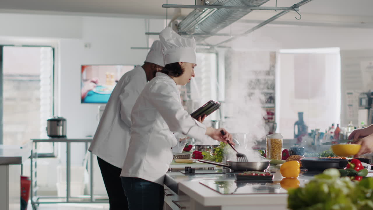 Female chef cooking culinary food recipe from digital tablet