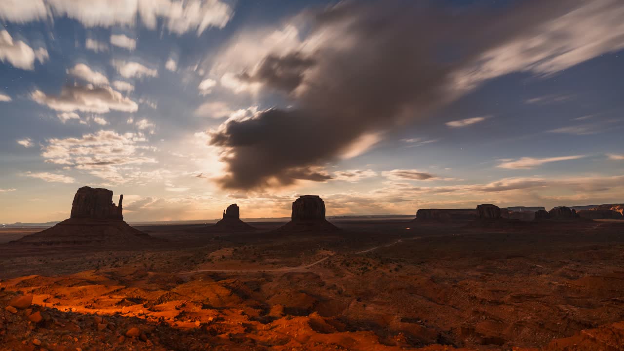 Monument Valley holy grail sunset time-lapse. Desert, red rock and iconic sandstone shapes in Arizona and Utah.