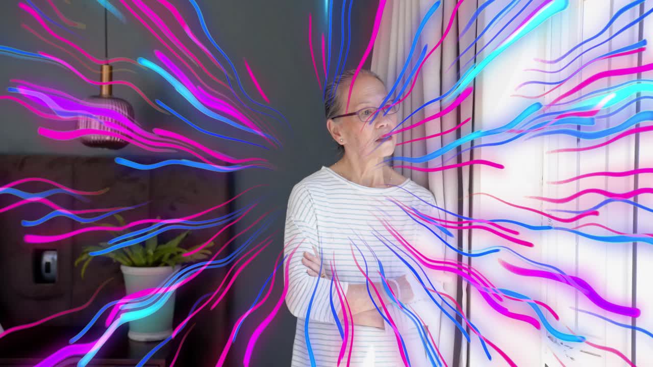 Senior woman standing arms crossed near window, streaks from window flowing over face, showing tech