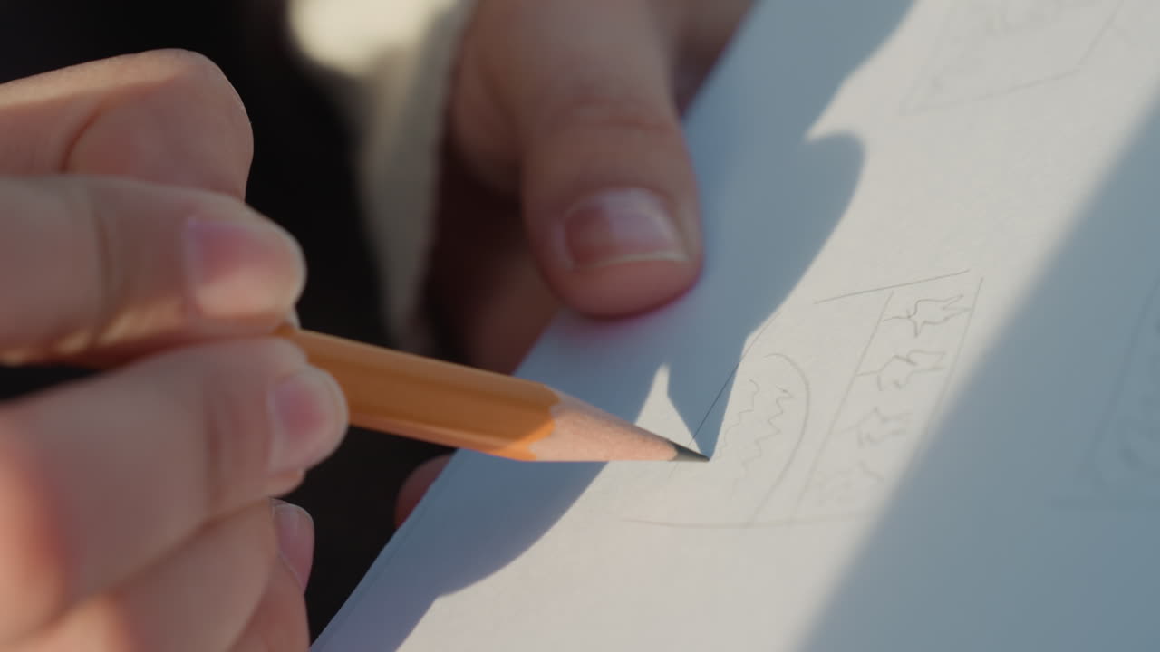 Primo piano di uno schizzo artistico a grafite. Mano concentrata che crea un'opera d'arte a matita dalla texture fine. Schizzo meticoloso con tecnica ferma in condizioni di illuminazione da studio per evidenziare la texture.