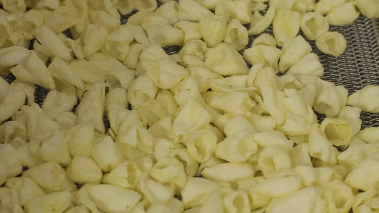 la línea de producción de la fábrica mueve las patatas fritas doradas después de freír. línea de fabricación de la fábrica de pasta